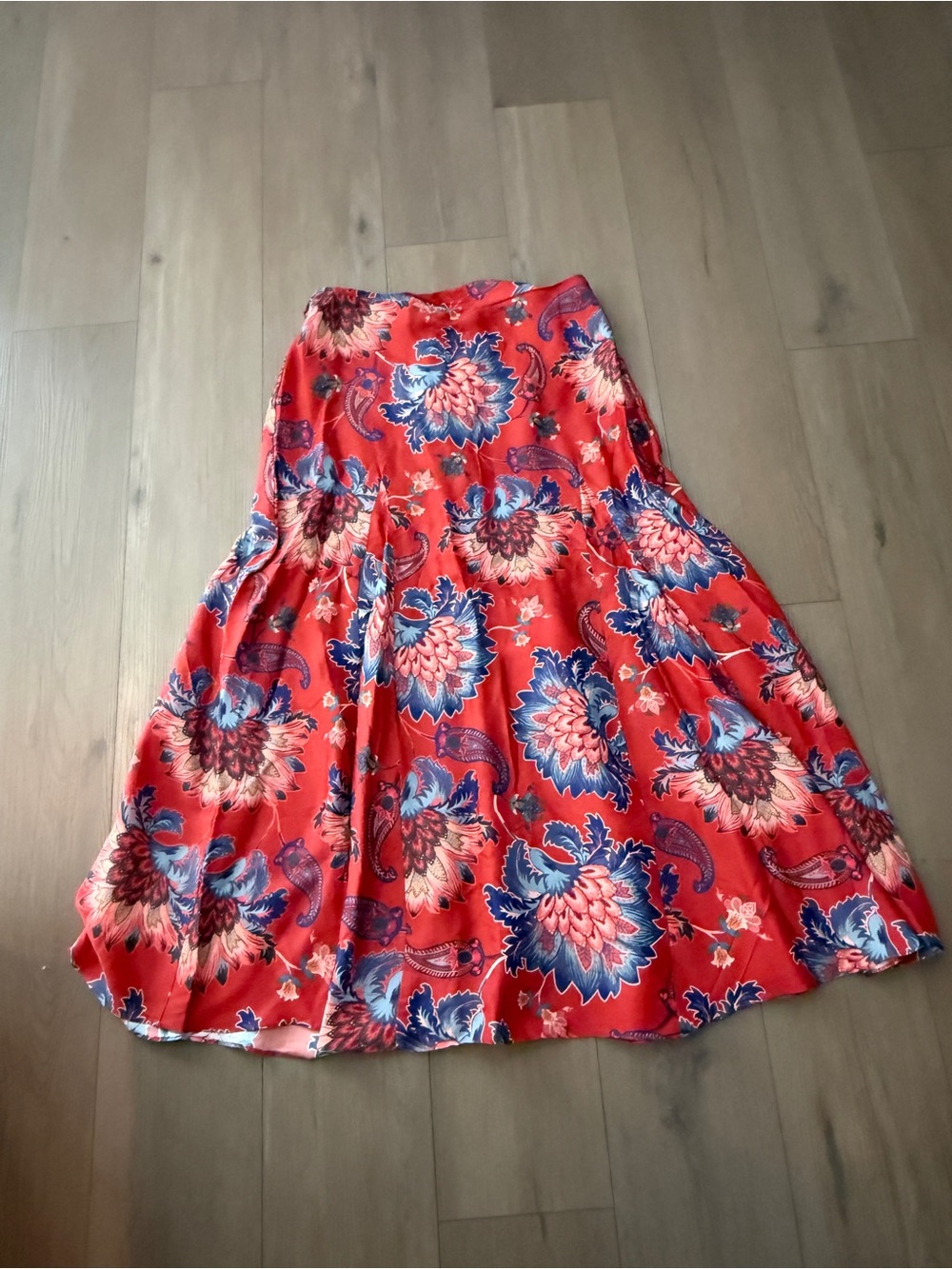 FARM Rio Red Floral Maxi Skirt with Blue Accents